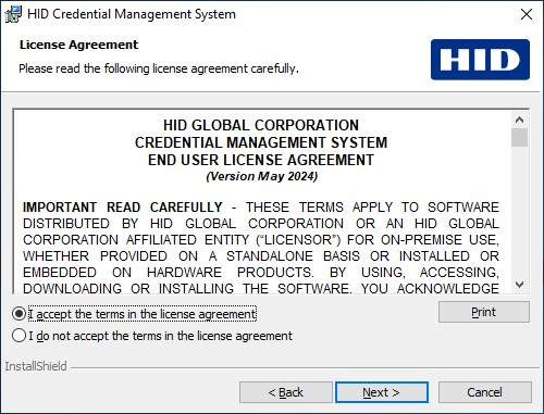 HID Credential Management System License Agreement dialog box with the I accept the terms in the license agreement option selected